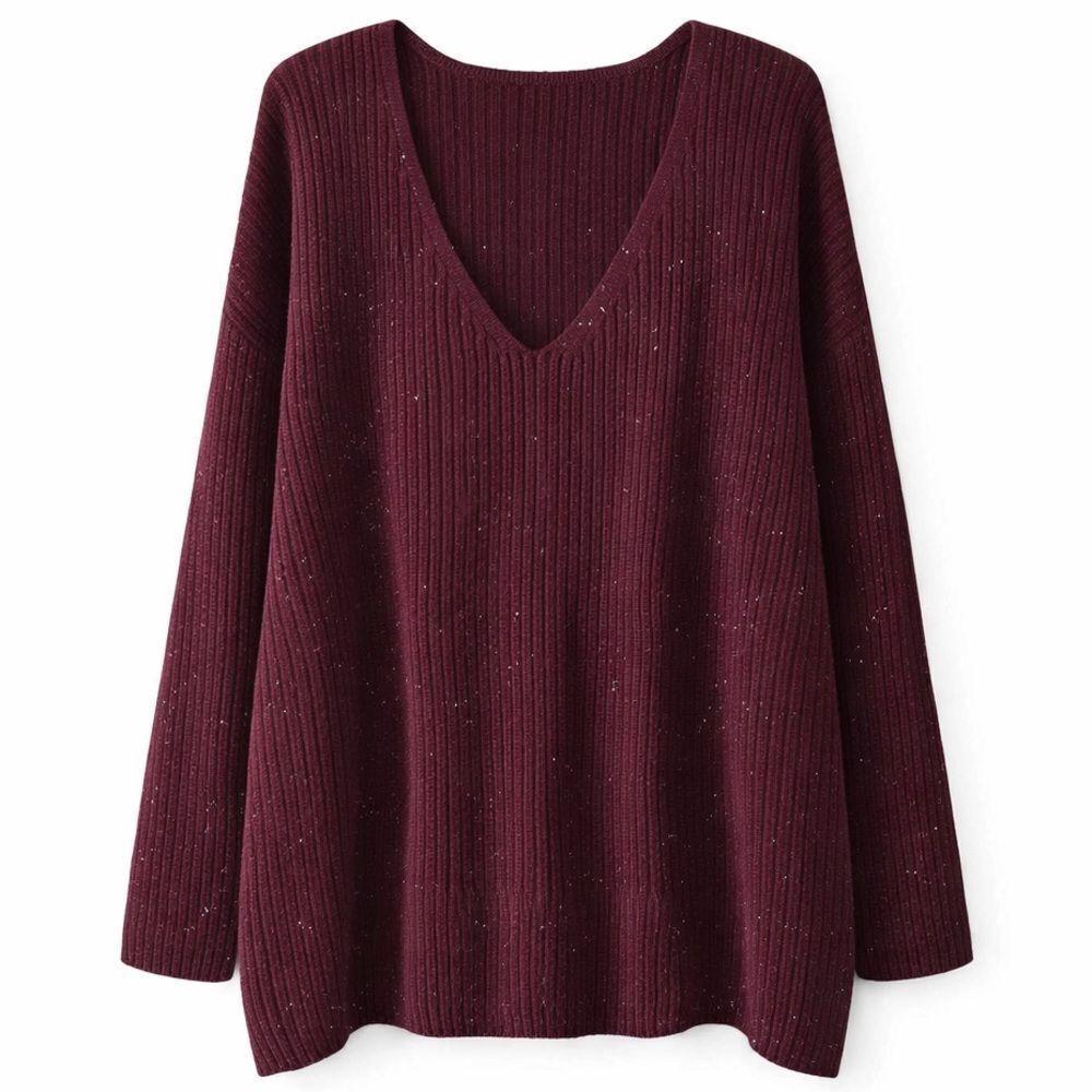 Glitzy Girls Womens Burgundy Ribbed V Neck Long Sleeve Pullover Sweater Size 2X